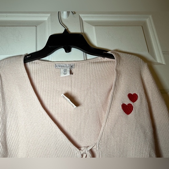 Sincerely Jules Soft Pink Tie Cardigan Cropped Sweater NWT Red Hearts Medium - Picture 3 of 8